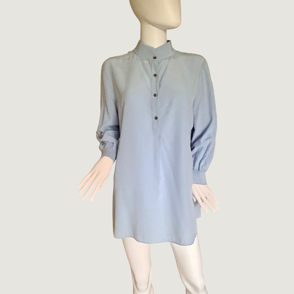 Lafayette 148 New York Women Light Blue 100% Silk Mandarin Collar Tunic Blouse L